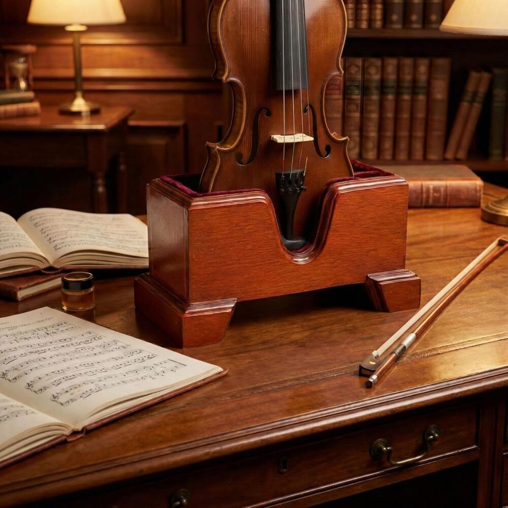 Handcrafted Wooden Violin Stand with Bow Holder - Solid Violin Floor Stand